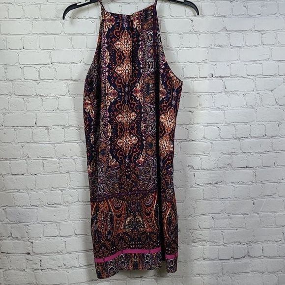 Tyche Navy Tribal Print Trapeze Shift Mini Dress Sleeveless High Neck Summer - Picture 11 of 11